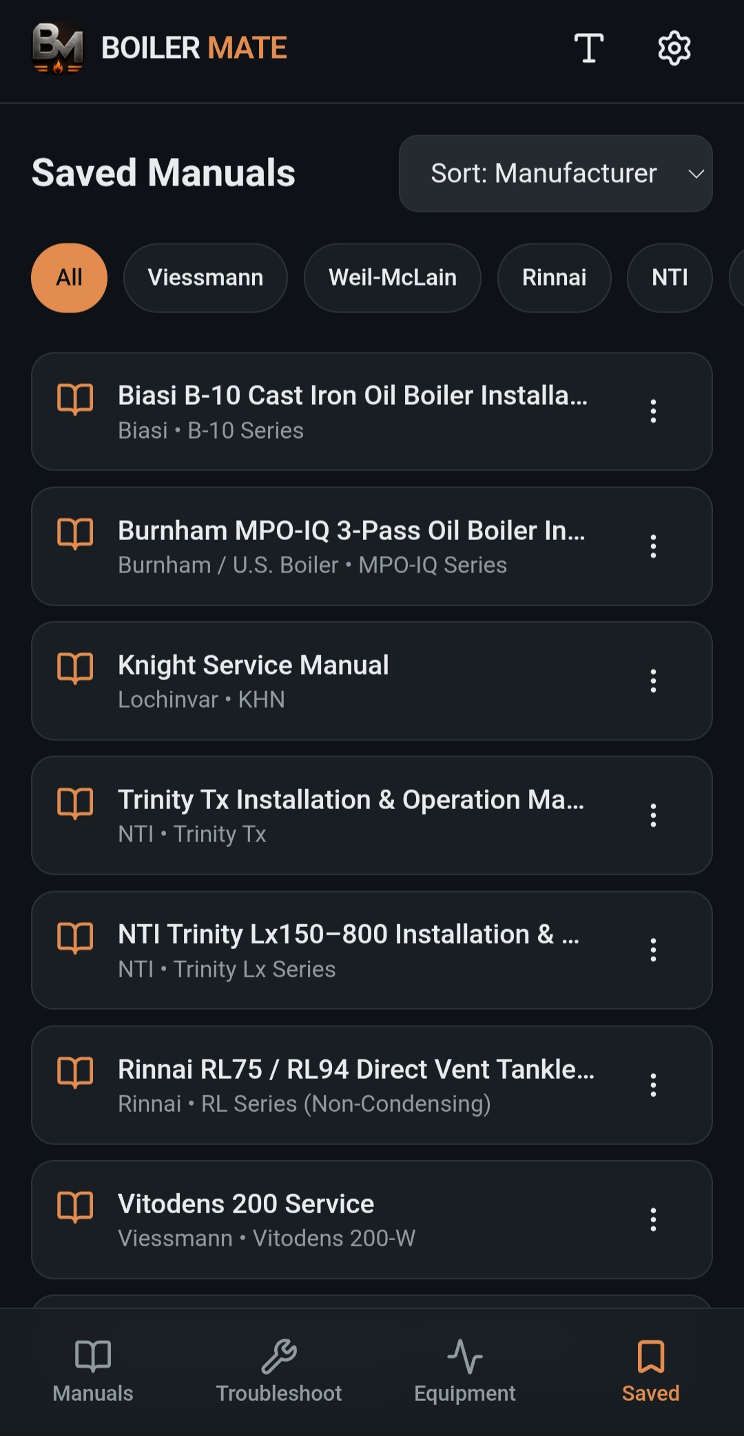 BoilerMate Saved Manuals screen, Manual 1